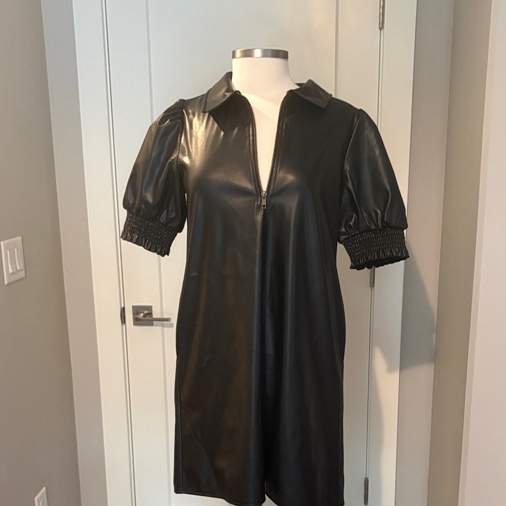 Doe & Rae faux leather Black Puff Sleeve Dress. NWOT. Size small